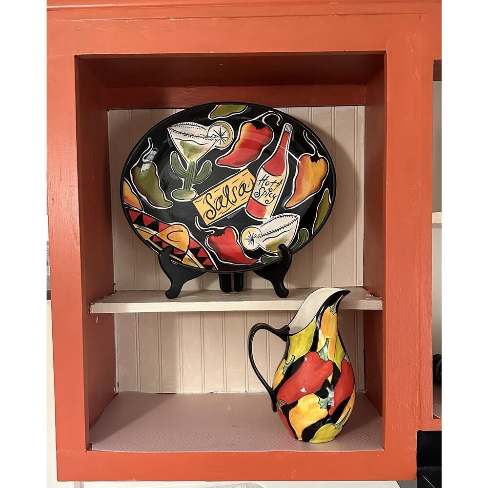 2 Piece Clay Art Caliente Handpainted Large Platter Pitcher Salsa PEPPERS Salad